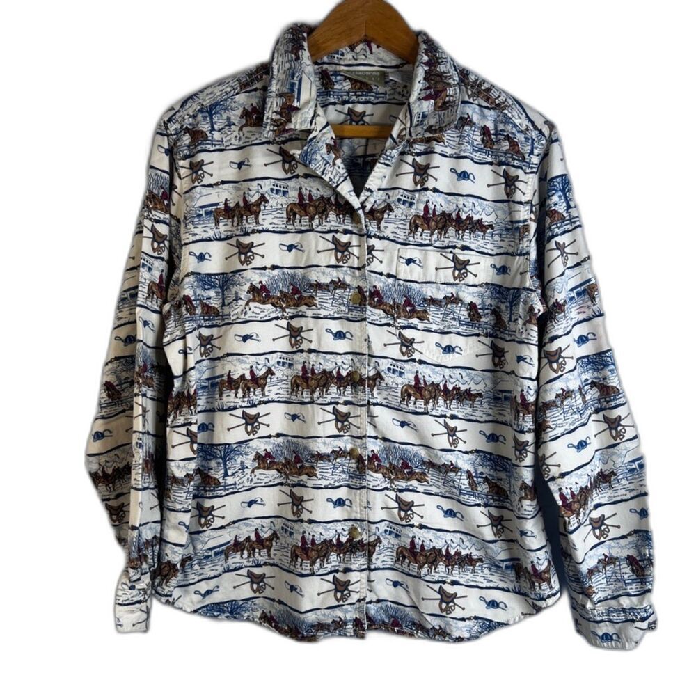 Liz Claiborne‎ Equestrian Horse Button Up Shirt 100% Cotton Western Size PM